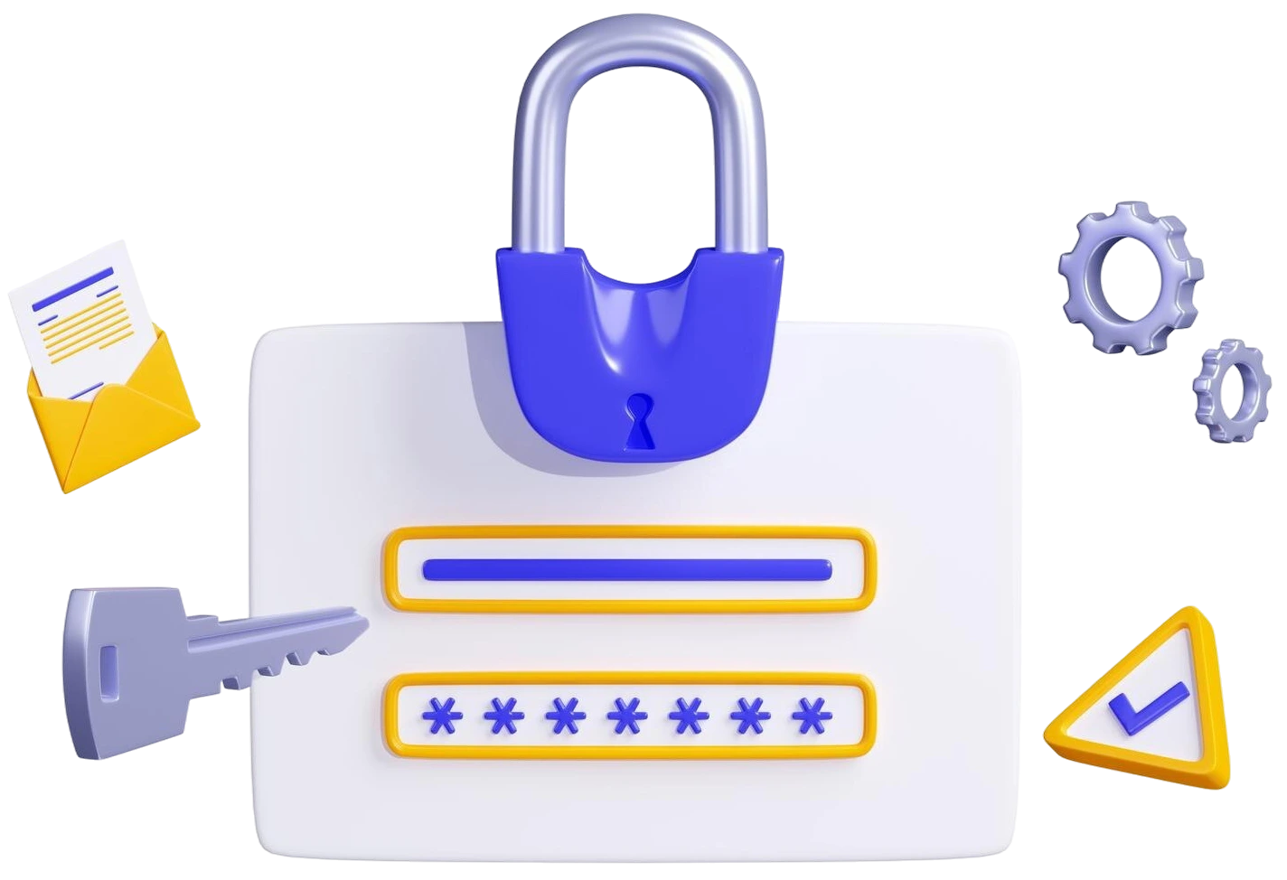 Illustration of a login interface with username and password fields secured by a large padlock, surrounded by an envelope, key, gears, and a checkmark symbol.