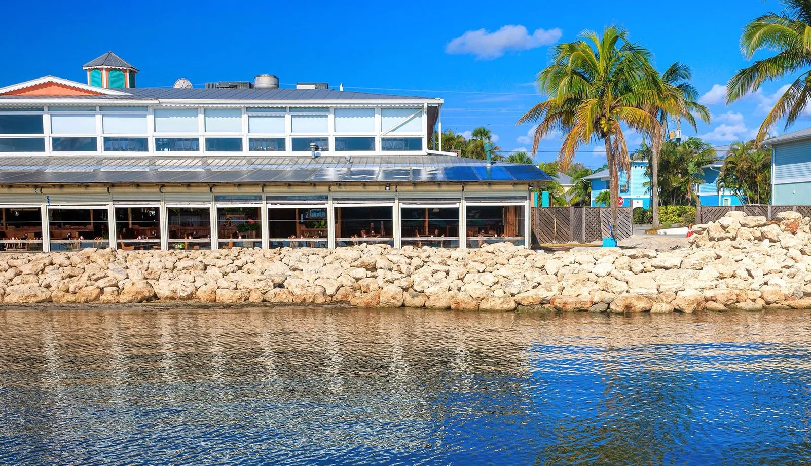 A complete coquina rock seawall - installed by High Surf Corp at Captain Hirams Resort in Sebastian Florida.