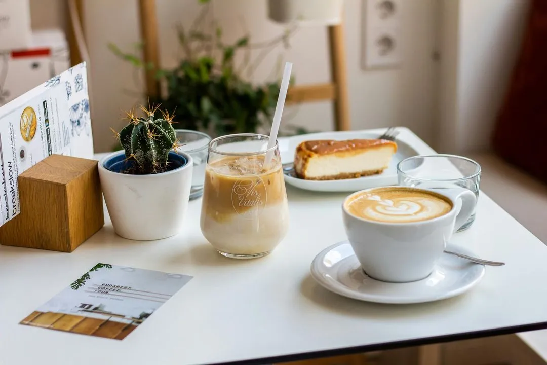 Cozy café scene with a cappuccino, iced coffee, cheesecake slice, and a small cactus on a table. The soft light evokes a relaxed ambiance.