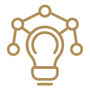 Icon of a lightbulb connected to three nodes representing smart design and insight.