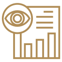 Icon of a magnifying glass highlighting an eye over a document with bar and line charts.