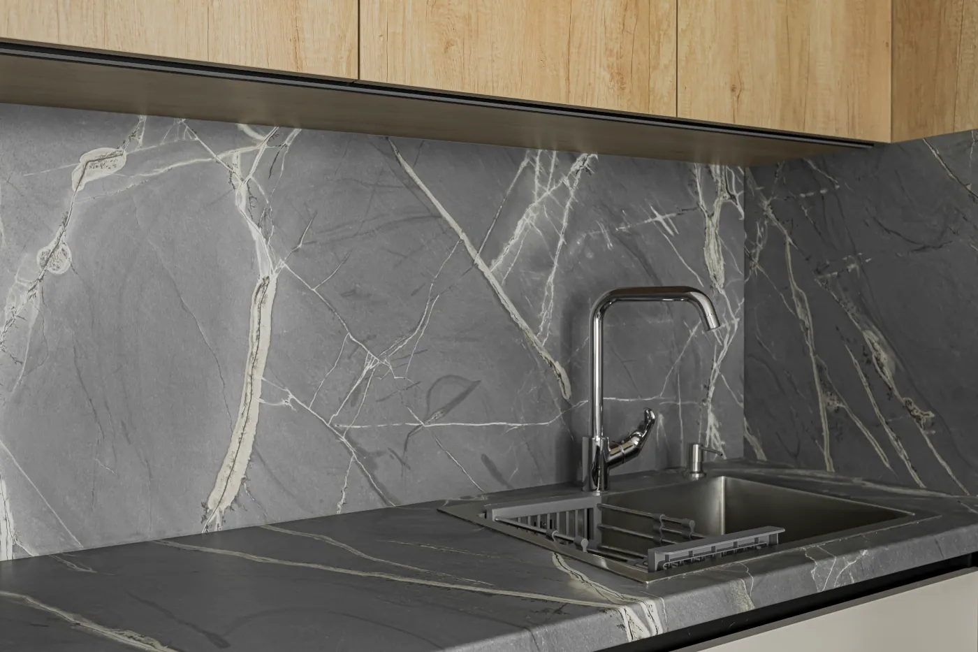  A marble slab kitchen backsplash installed, complementing the countertop