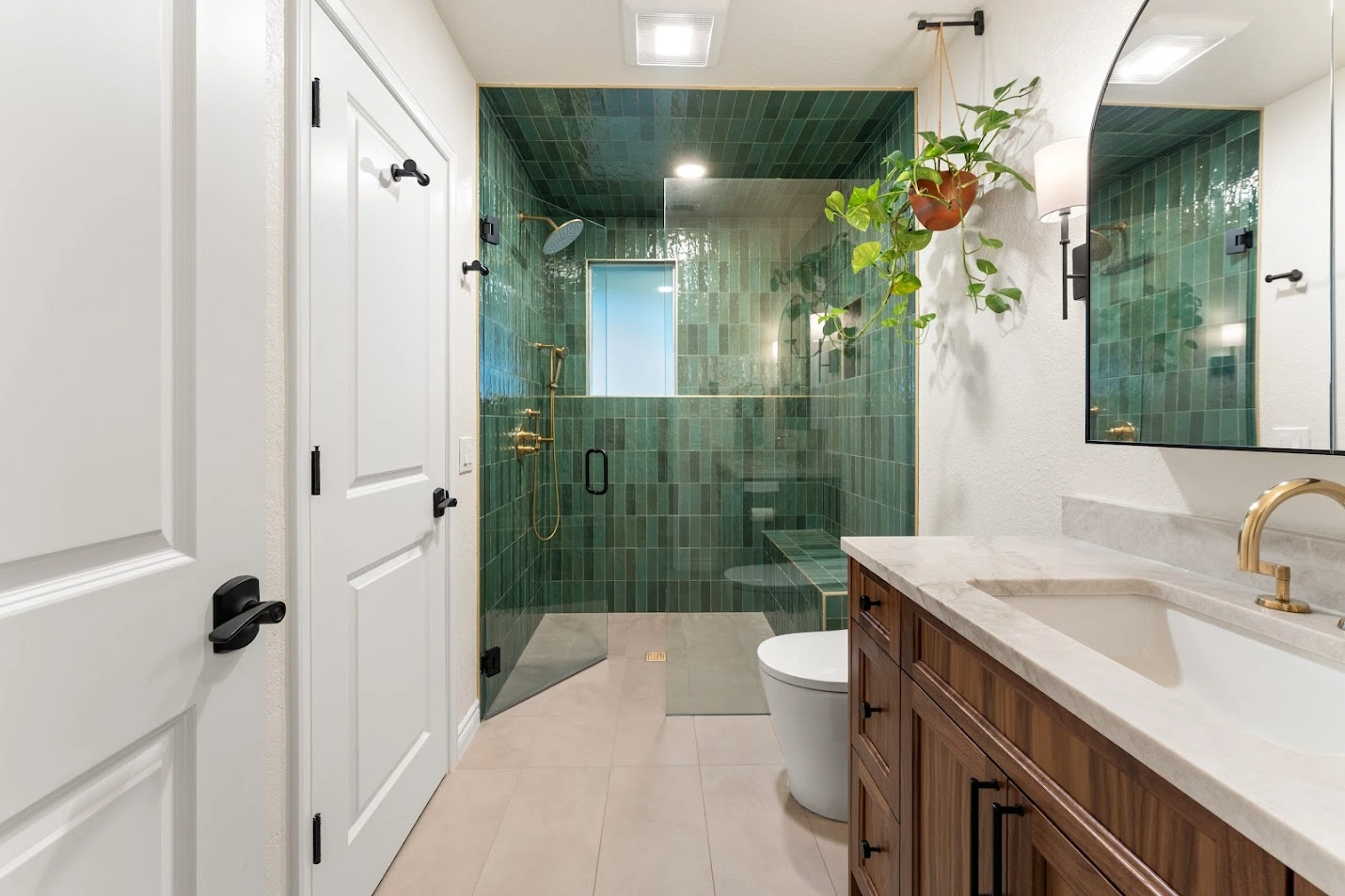 Walk in shower with furniture-style cabinetry in Bothell