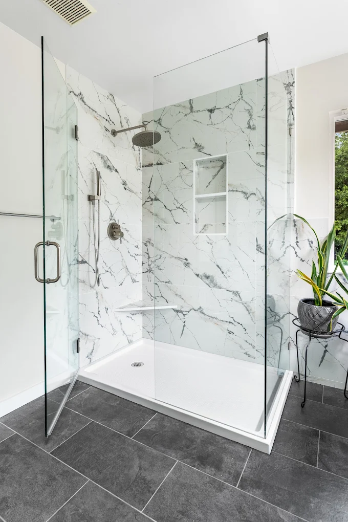 Curbless shower remodel with prefab acrylic shower pan and hand-held showerhead in Bothell