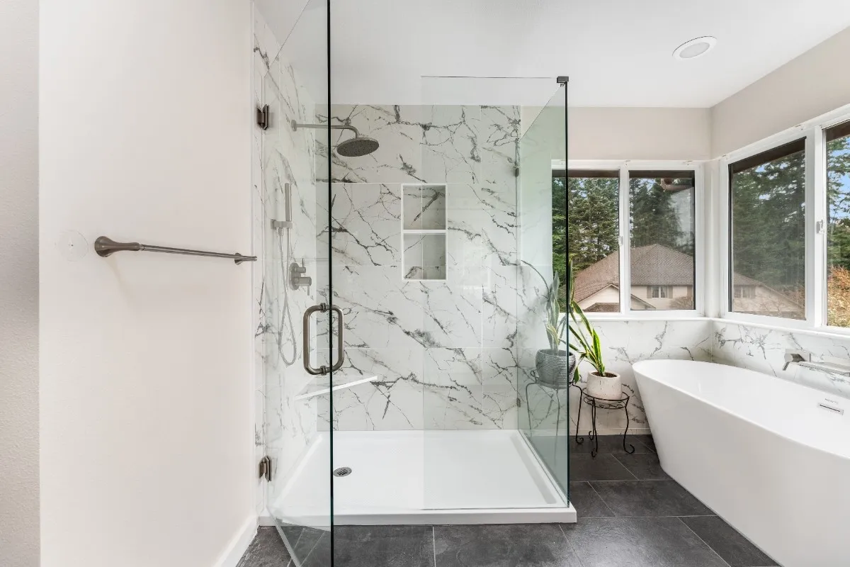 Spacious custom tile shower built after removing a bulky corner bathtub in Bothell, WA