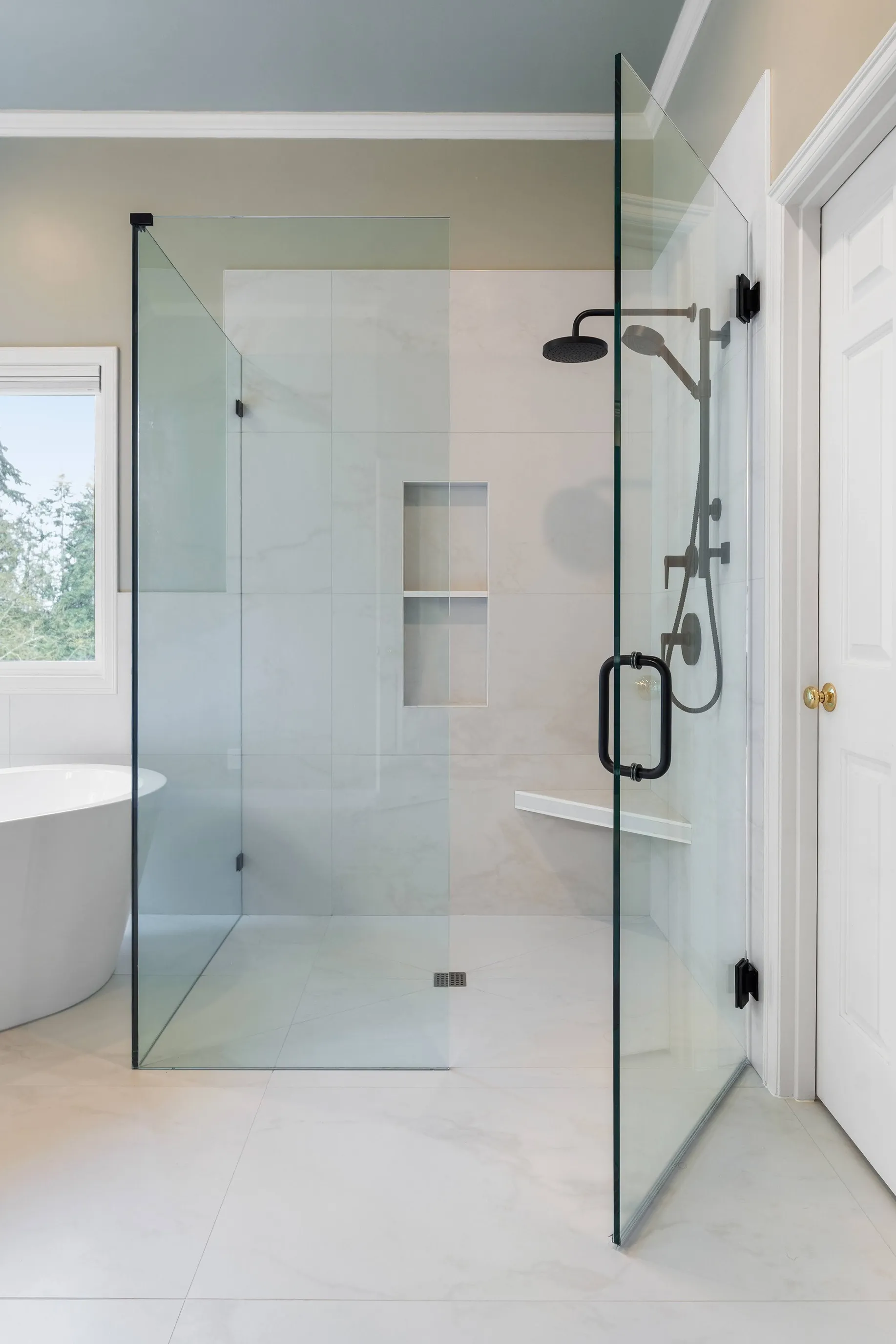Zero threshold curbless walk-in shower designed for accessibility and aging-in-place remodeling in Bothell, WA