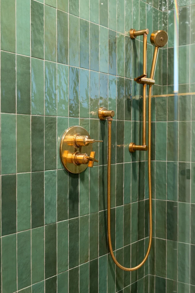 Solid-brass shower valve and fixtures in a walk-in shower, Bothell, WA