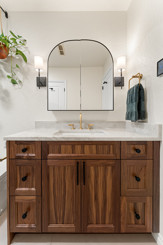 Bathroom cabinet with medicine cabinet mirror in a finished Bothell bathroom project