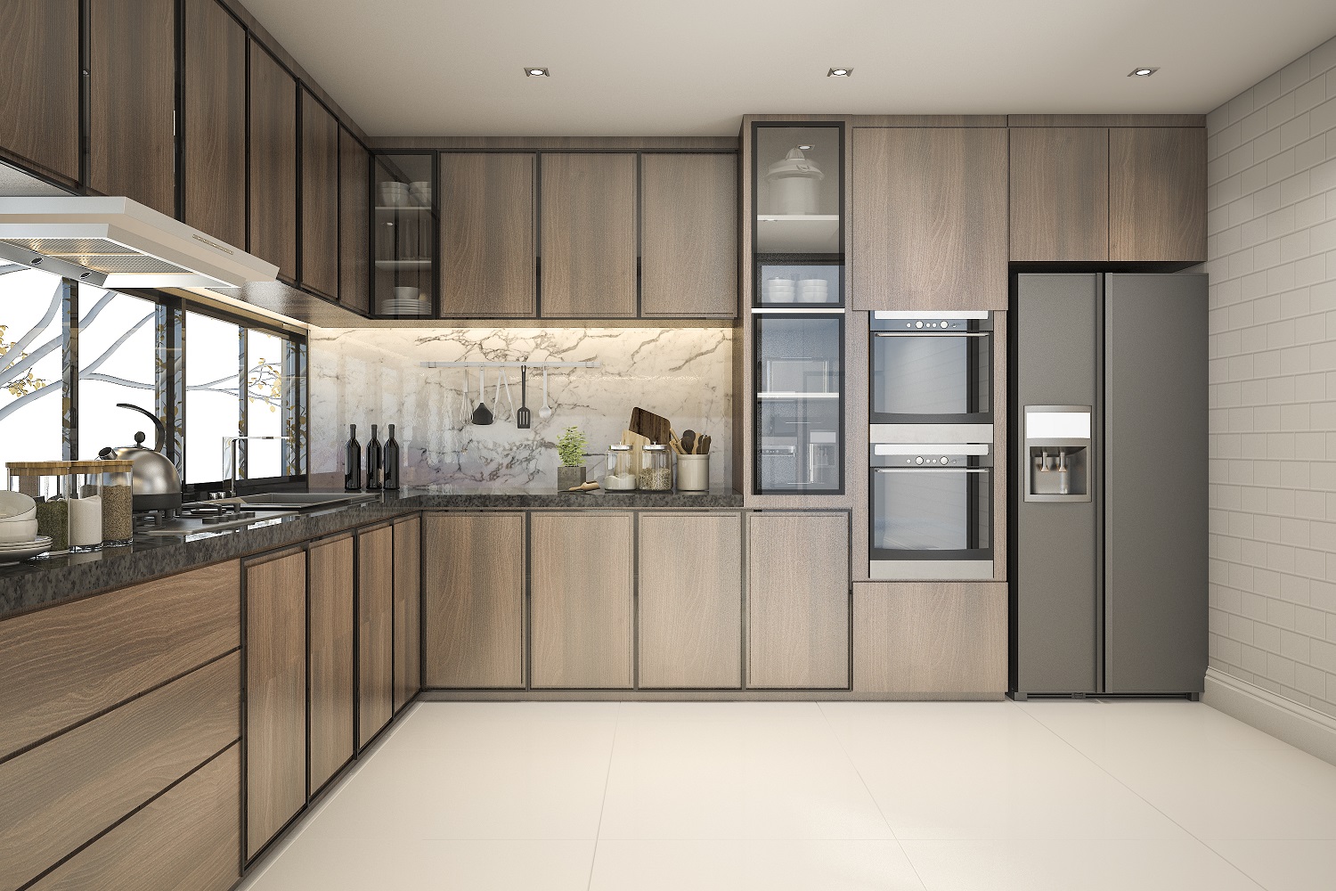 Closed concept kitchen design with floor-to-ceiling cabinetry and natural light. 