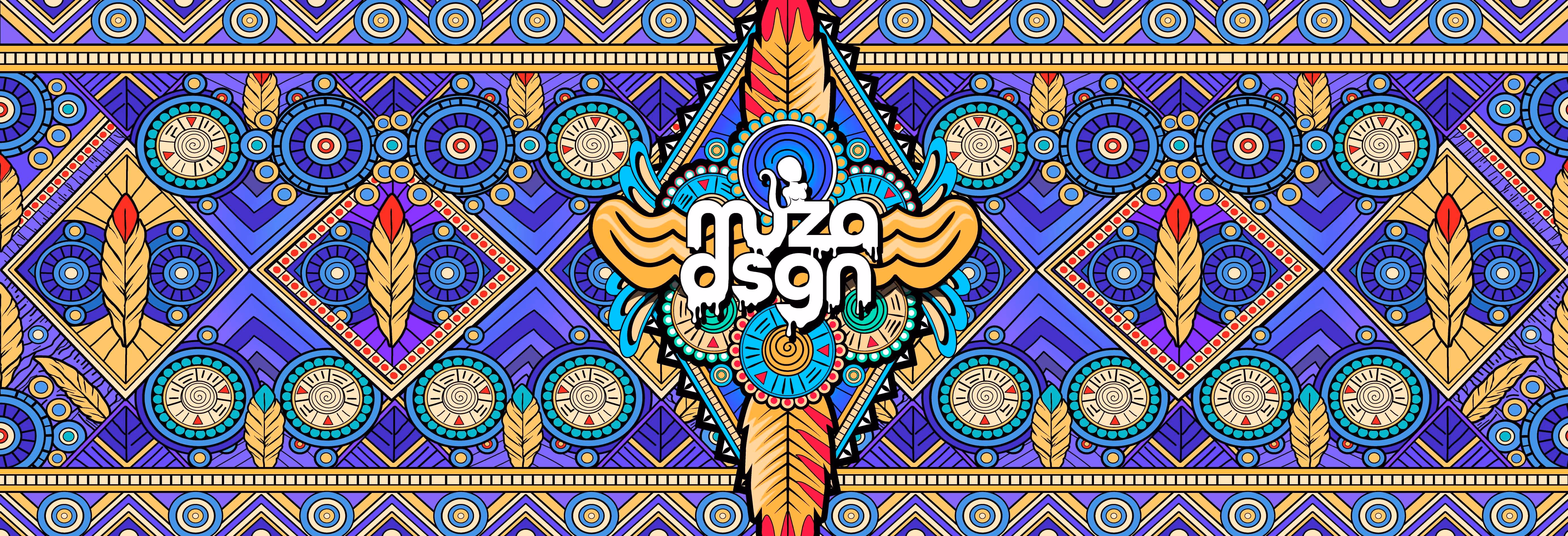 Colorful geometric pattern with feathers, circular motifs, and the stylized text 'muza dsgn' in the center.