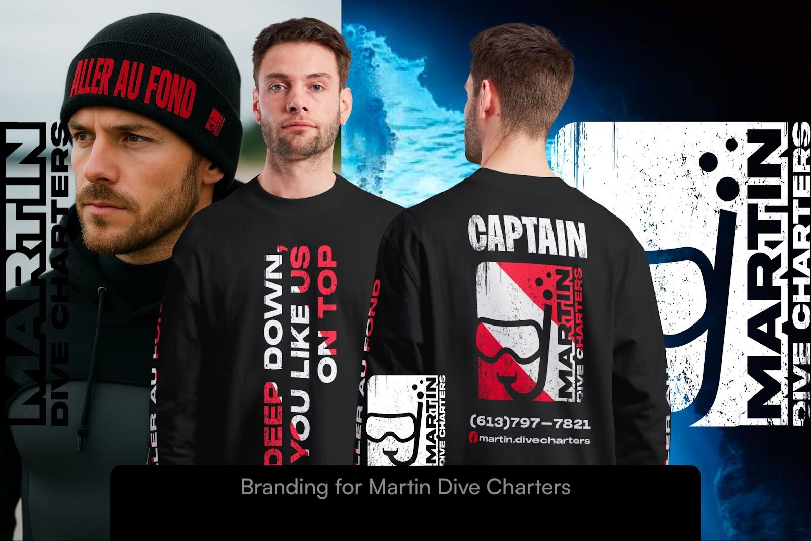 Three views of men wearing Martin Dive Charters branded apparel including a black beanie with red text and black long-sleeve shirts with white and red logos and slogans.