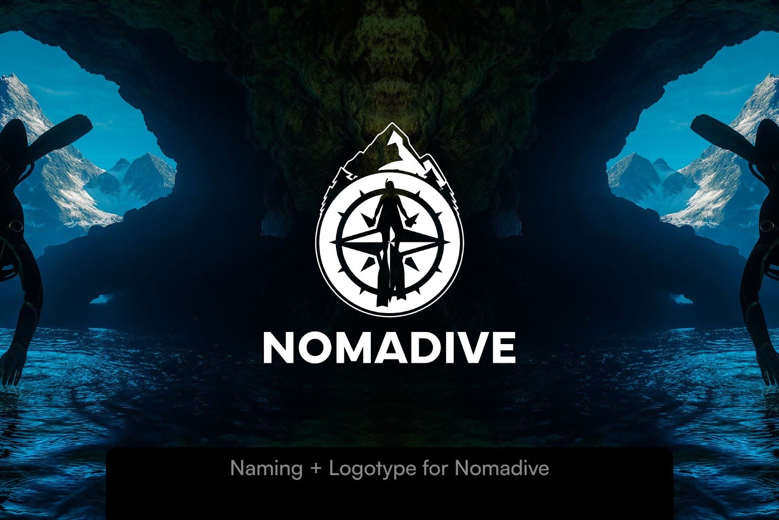 Underwater cave opening to snowy mountains with Nomadive logo featuring a diver silhouette within a compass and mountain outline.