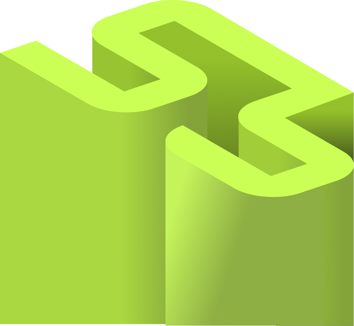 Three-dimensional lime green abstract geometric shape with curved edges and hollow sections.