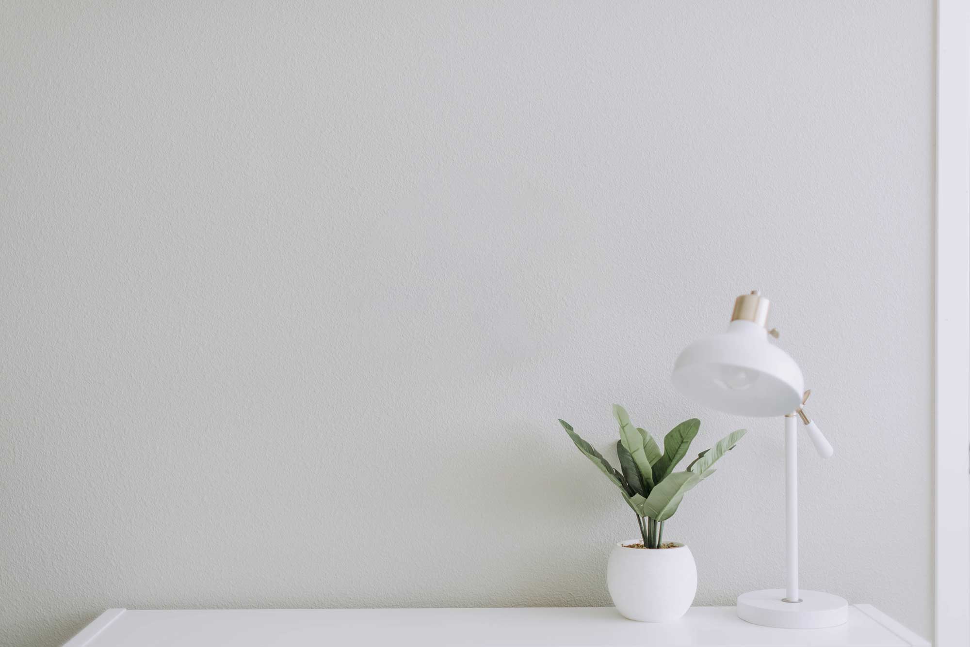 Minimalist white desk with a small potted green plant and a white desk lamp against a plain light gray wall.