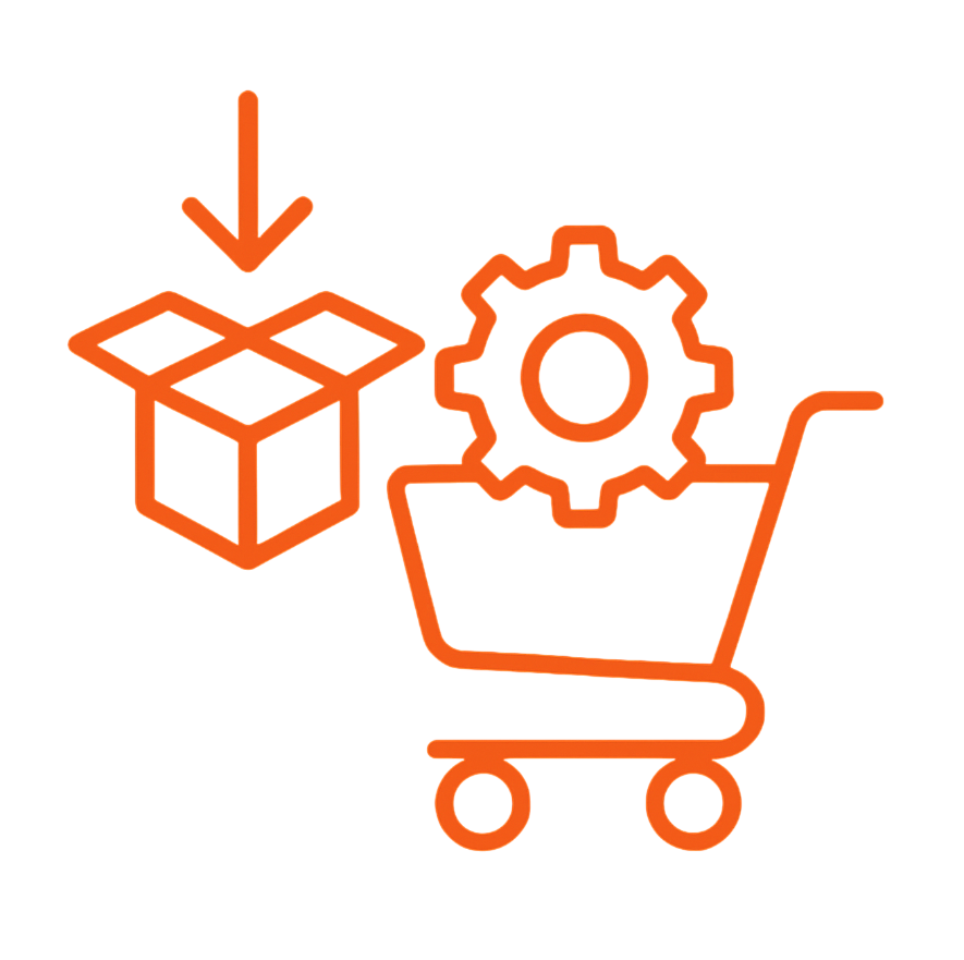 Orange line icon showing a shopping cart with a gear inside and an open box with a downward arrow above it.