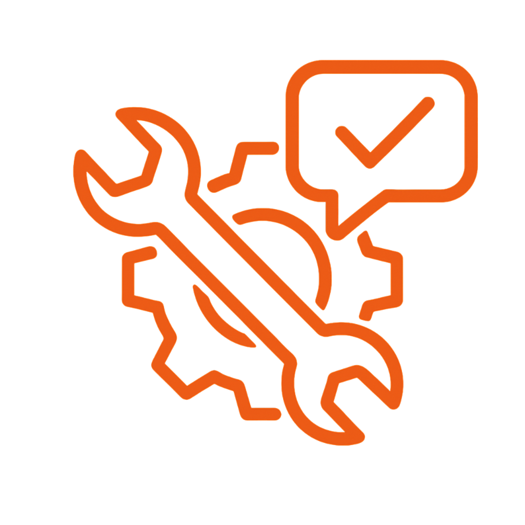 Orange wrench crossed over an orange gear with a speech bubble containing a checkmark.