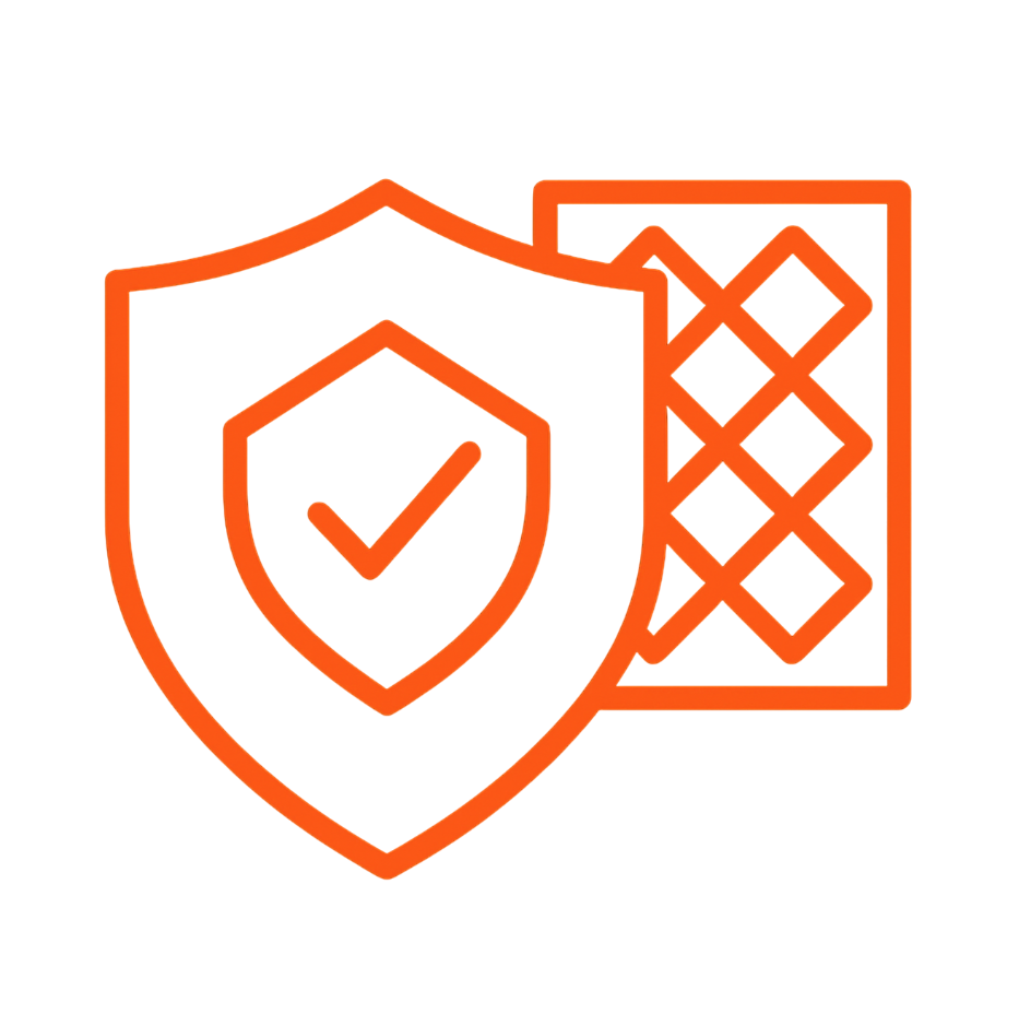 Orange outline of a shield with a checkmark in front of a window with crossed panes, symbolizing security and protection.
