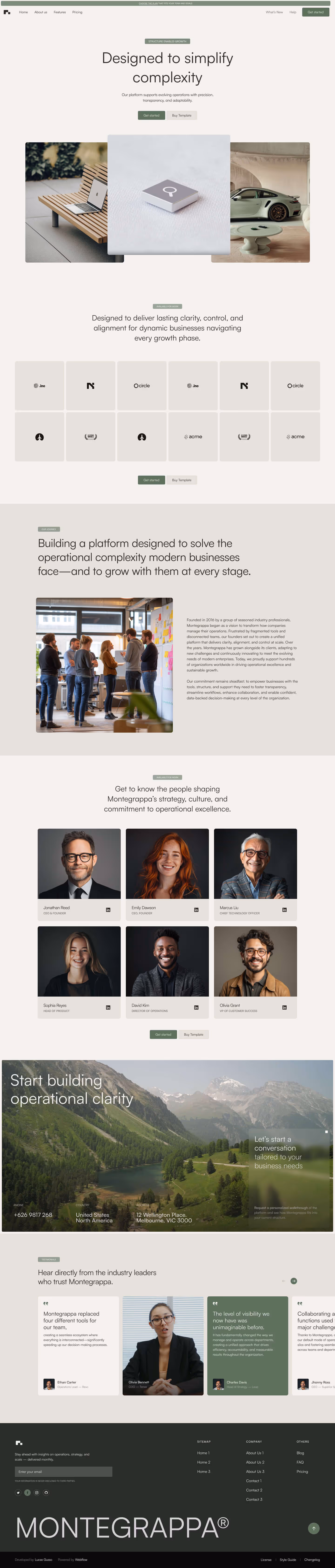 Website homepage featuring sections on simplifying complexity, business growth, team photos, a mountainous landscape, and client testimonials for Montegrappa.