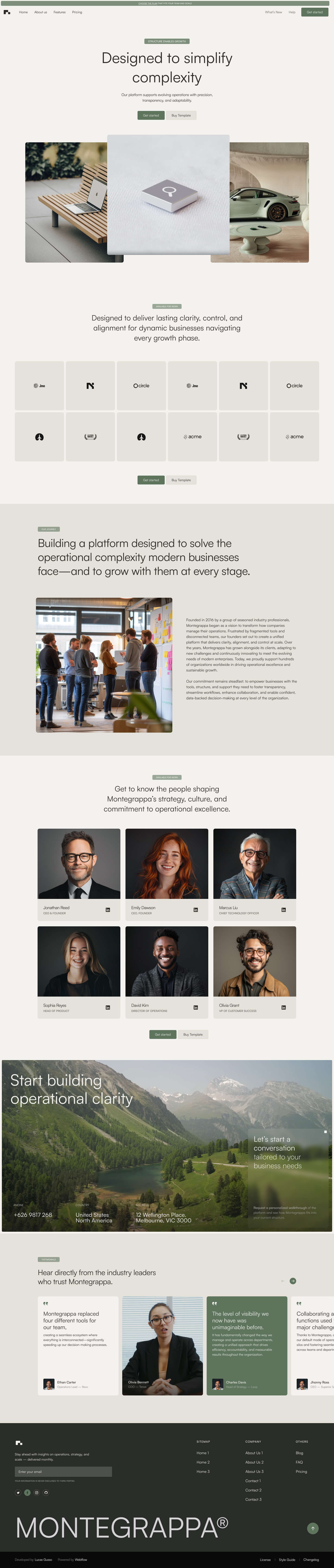 Website homepage featuring sections on simplifying complexity, business growth, team photos, a mountainous landscape, and client testimonials for Montegrappa.