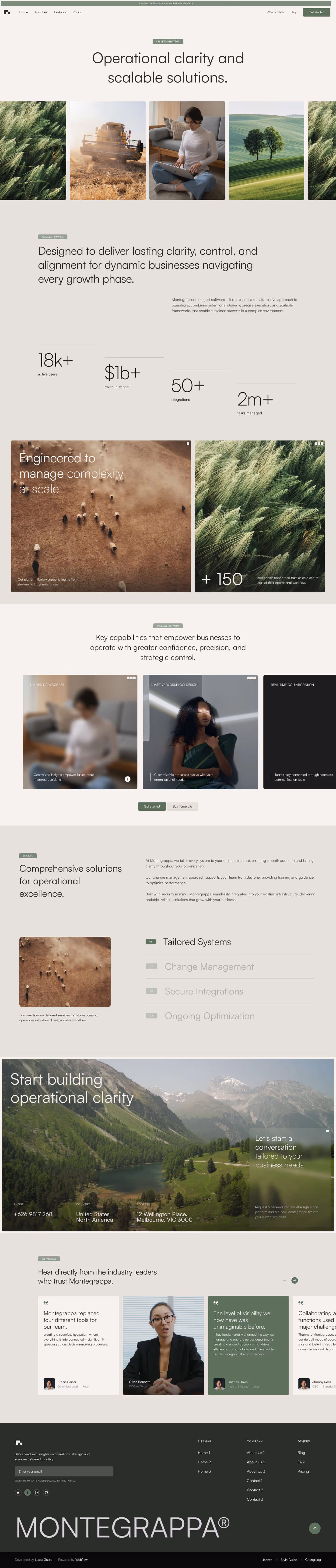Website homepage featuring operational clarity and scalable solutions with images of agriculture, a person working on a laptop, business metrics, and scenic landscapes.