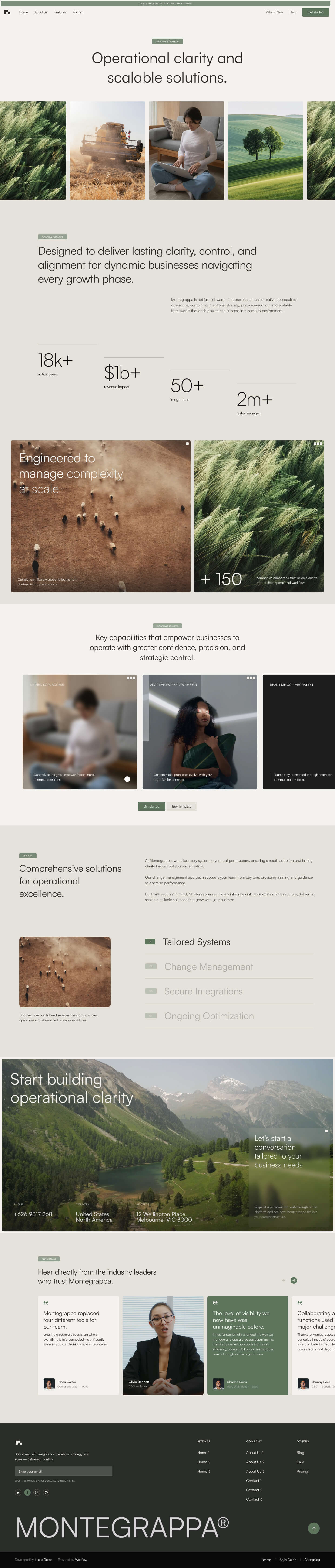 Website homepage featuring operational clarity and scalable solutions with images of agriculture, a person working on a laptop, business metrics, and scenic landscapes.