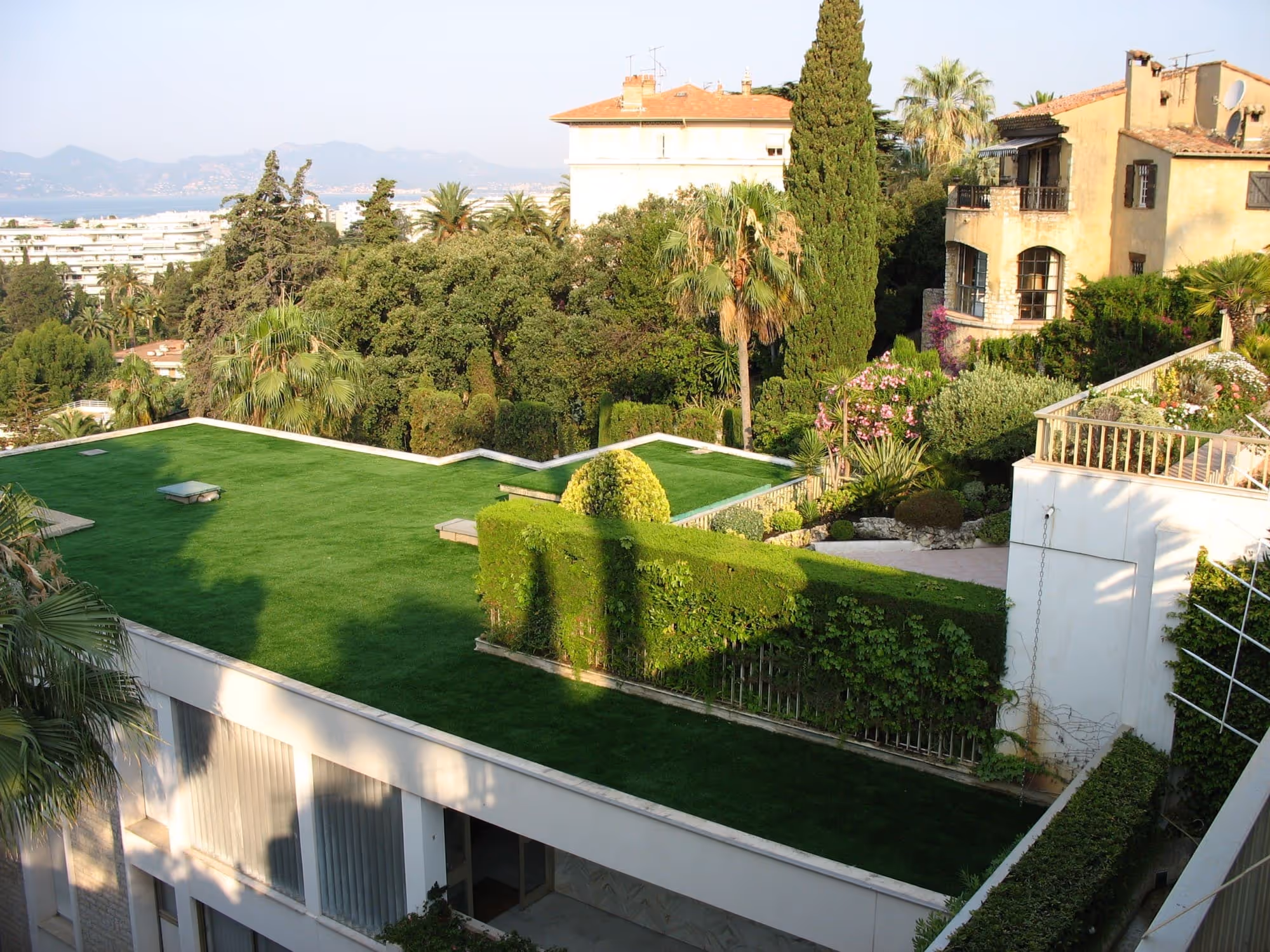 Rooftop garden with lush green grass and trimmed hedges on a modern building, surrounded by tall trees and Mediterranean-style houses.