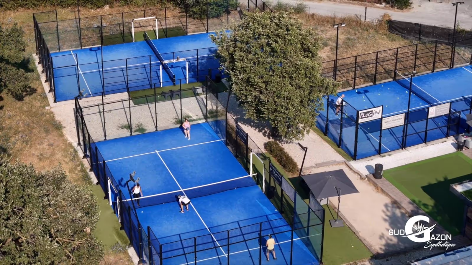 Aerial view of multiple blue paddle tennis courts enclosed by black fences with players on some courts and a large tree beside them.