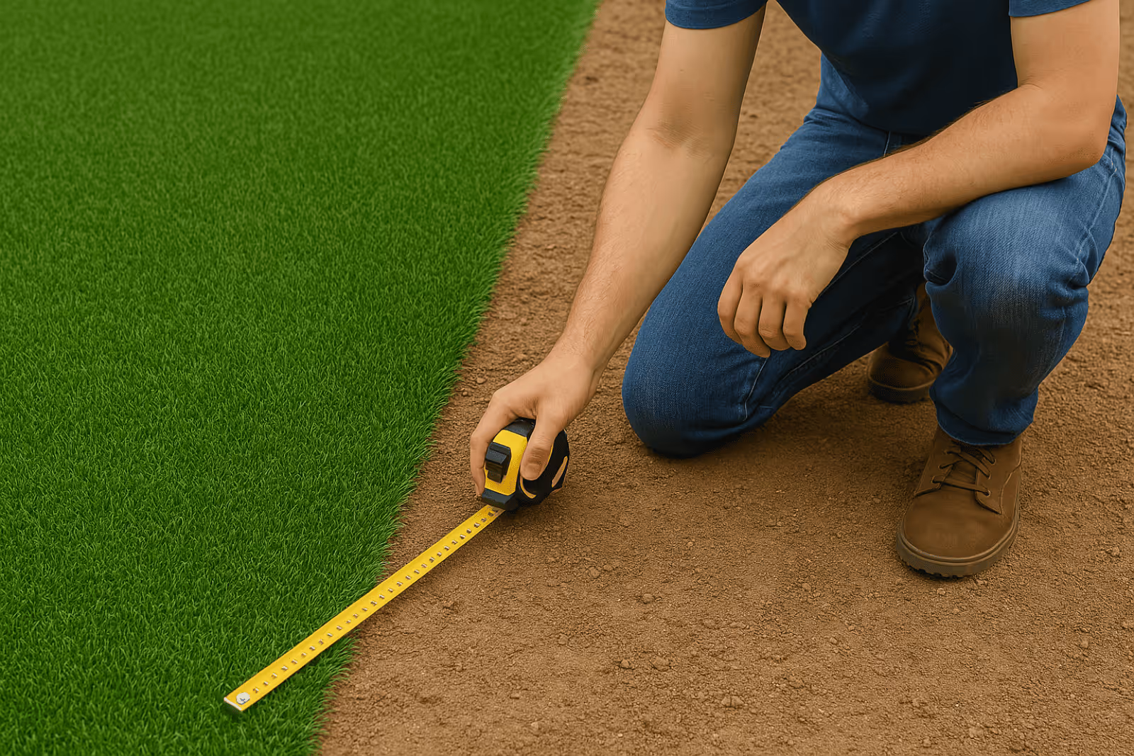 Person kneeling on dirt ground measuring the edge of green grass with a yellow tape measure.