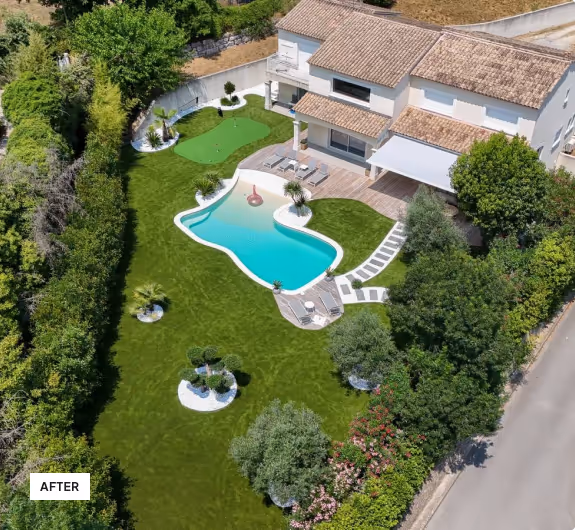 Aerial view of a modern house with a kidney-shaped swimming pool, wooden deck with sun loungers, green lawn, landscaped garden beds, and a putting green in a fenced yard.
