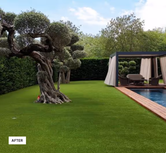 Manicured backyard with trimmed ornamental trees, green lawn, and a modern poolside cabana with sheer curtains and lounge chairs.