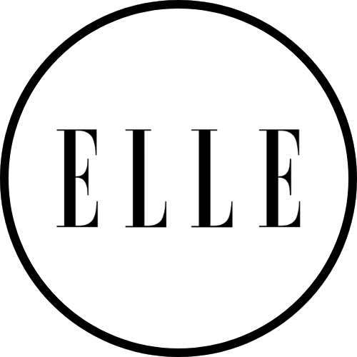 ELLE magazine logo in black serif font on white circular background.