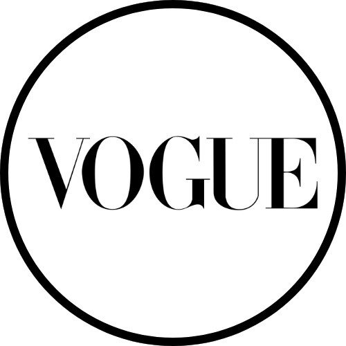 Vogue magazine logo in black serif font on a white circular background.