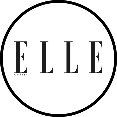 ELLE Quebec logo in black serif letters inside a white circle with a black border.