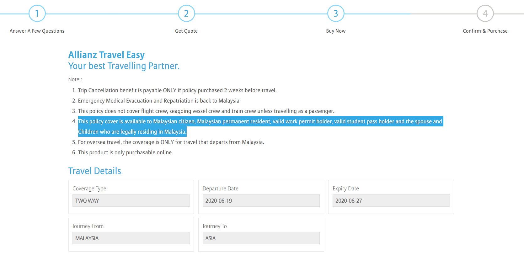 Allianz Buy Now Page - Digital Travel Insurance