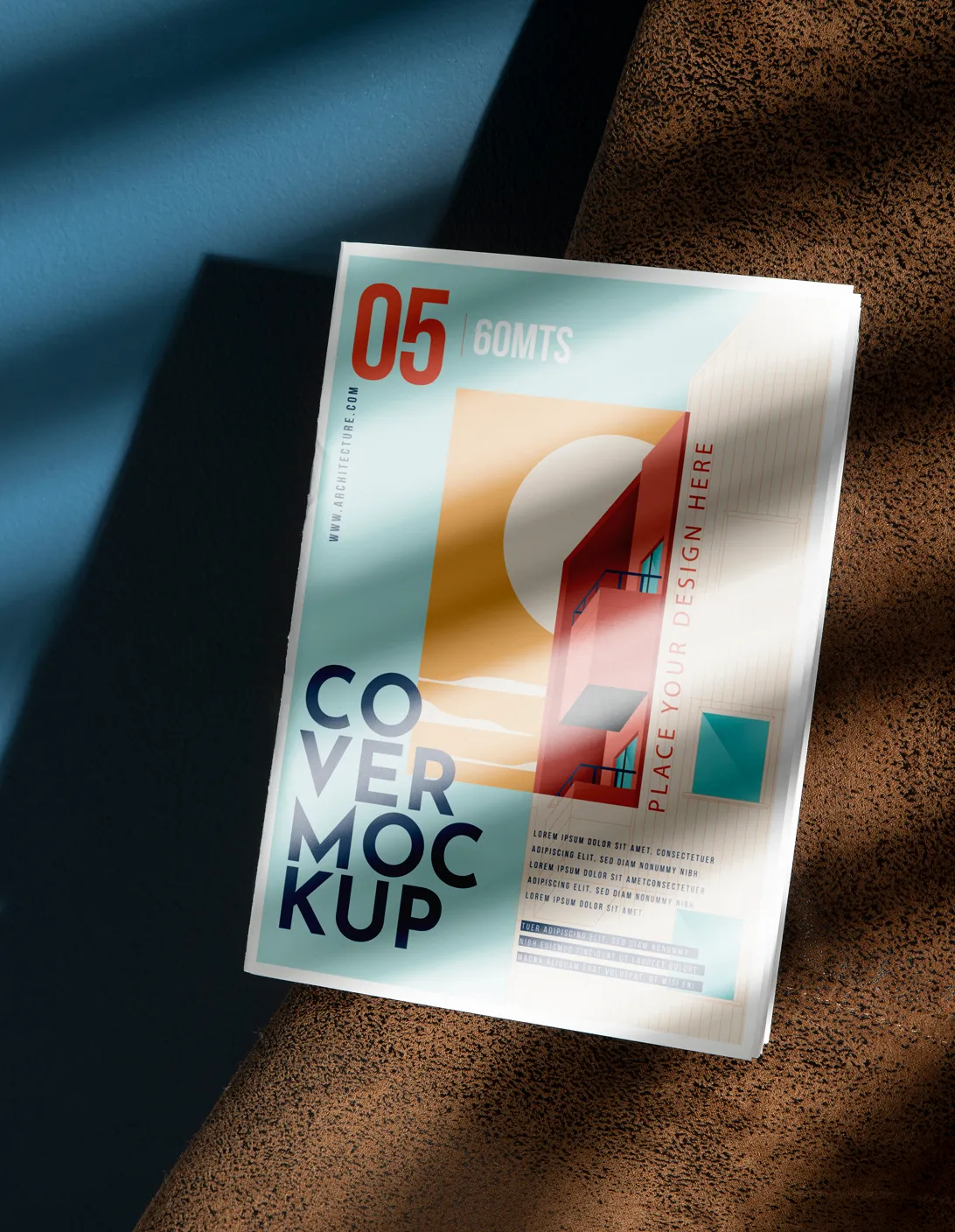 Magazine cover mockup featuring a modern architectural design with a large number 05 and text placeholders.