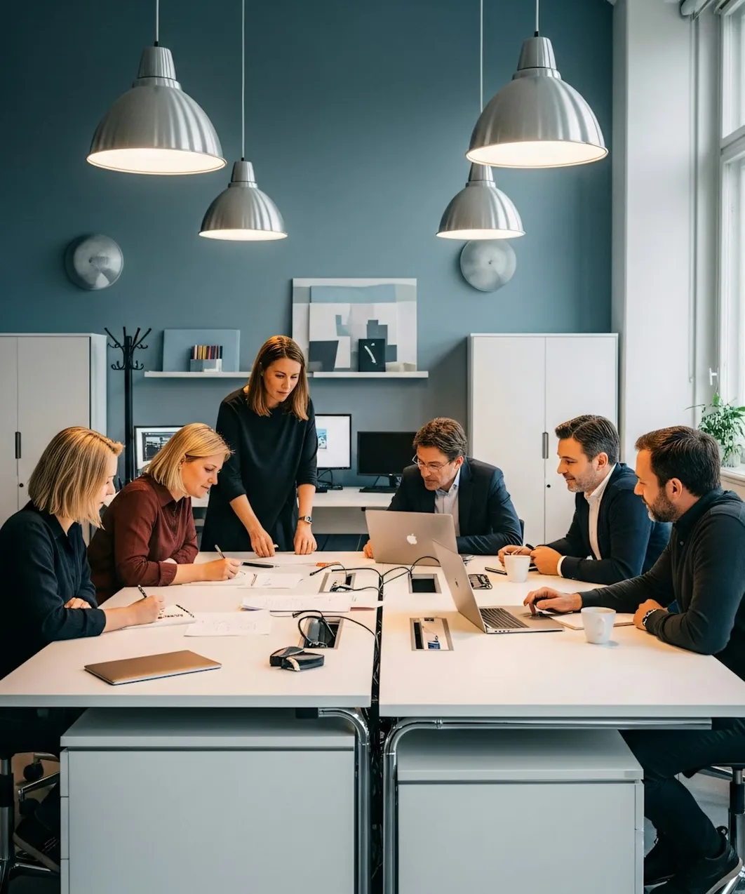 Six colleagues in a modern office meeting room collaborating over documents and laptops at a white table under hanging silver lamps.