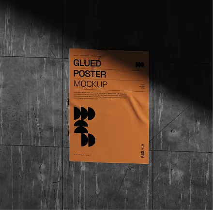 Orange glued poster mockup with geometric shapes and text on a dark textured wall with shadows.
