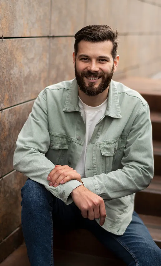 Smiling bearded man with dark hair wearing a light green jacket and blue jeans sitting on stairs against a tiled wall.