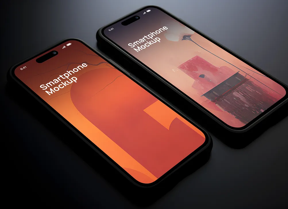 Two smartphones side by side on a dark surface, each displaying a different abstract art wallpaper and the text 'Smartphone Mockup.'