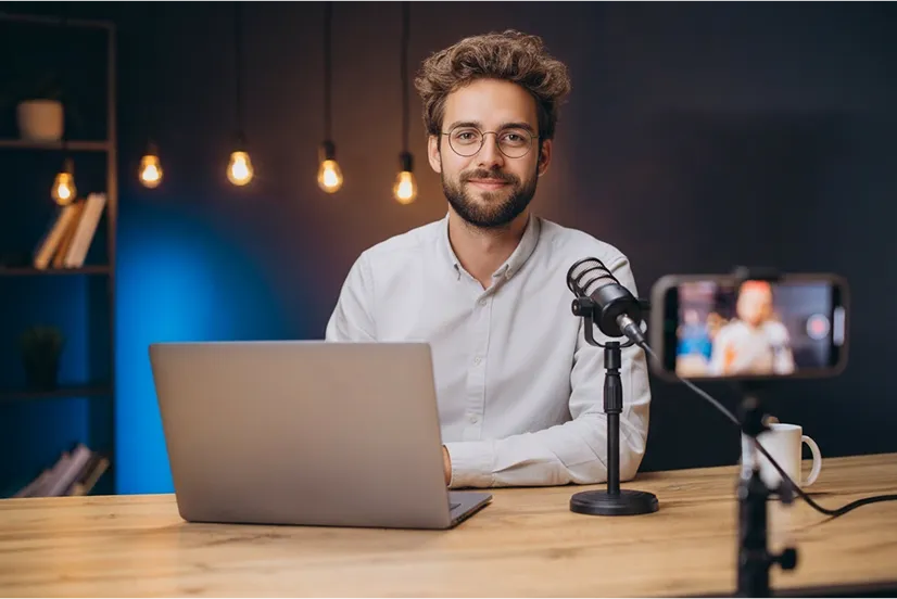 Smiling man with glasses and beard sitting behind a laptop, speaking into a microphone with a smartphone on a tripod recording him.