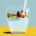 Illustration of a glass of water with a small house and river inside, symbolizing clean water and environmental sustainability.