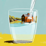 Illustration of a glass of water with a small house and river inside, symbolizing clean water and environmental sustainability.