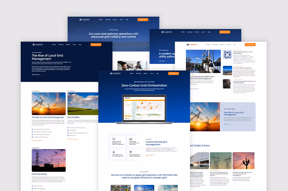Camus Energy website design showcasing zero-carbon grid orchestration platform and modern energy management solutions.