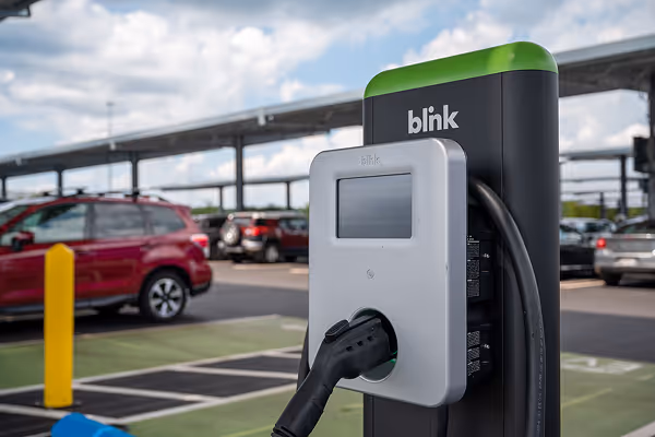 Close-up of an electric vehicle charging station in a parking lot, representing DG+’s deep focus on cleantech, renewable energy, and sustainable industry expertise.