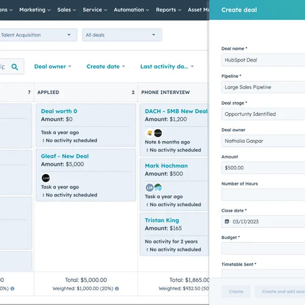 HubSpot sales pipeline dashboard showing deal stages, values, and outreach tracking for sales opportunities.