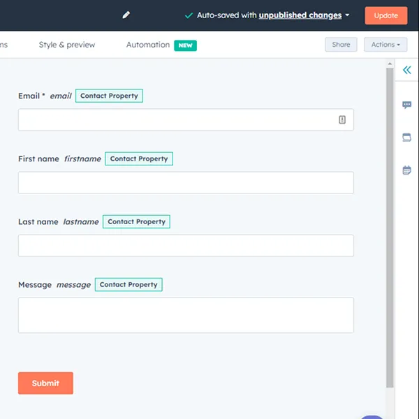 HubSpot lead capture and conversion form with email, name, and message fields for collecting contact information.