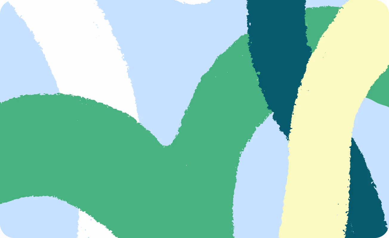 Abstract painting with thick, overlapping brush strokes in green, dark teal, pale yellow, light blue, and white on a rounded canvas.