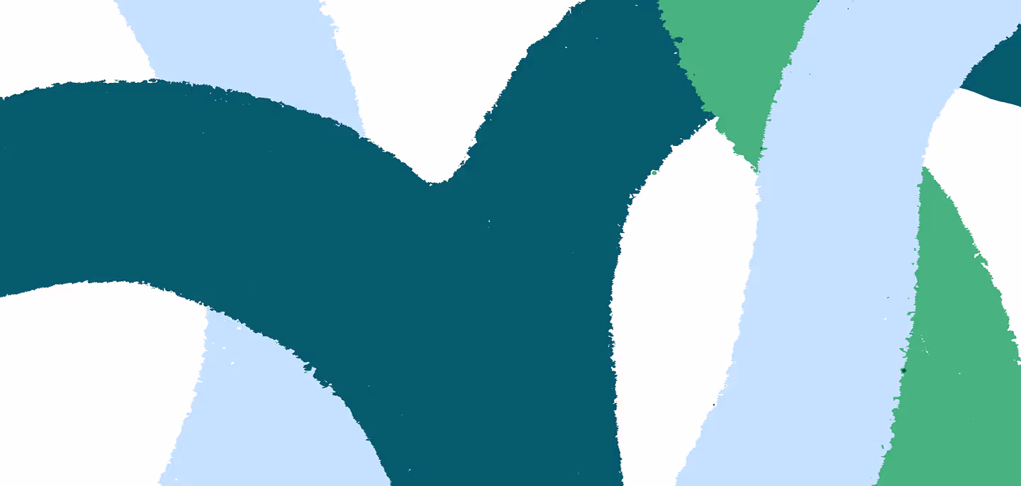Abstract organic shapes in teal, light blue, and green overlapping on a white background.