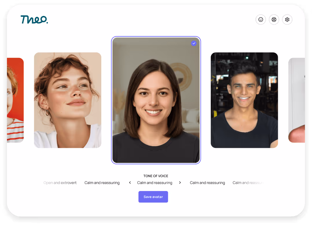 User interface showing avatar selection with a central smiling woman with dark hair highlighted and the tone of voice set to calm and reassuring.