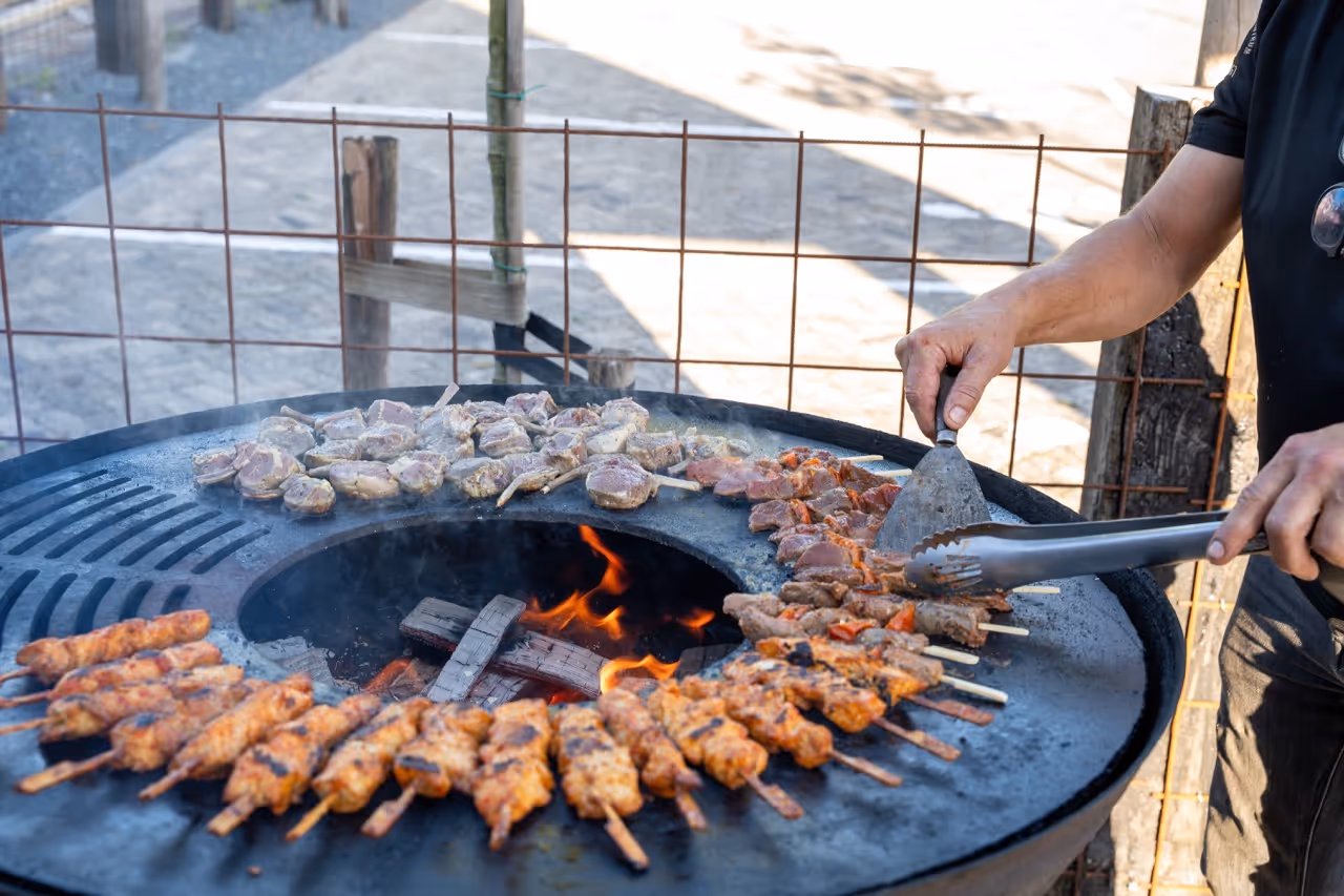 Person grilling an assortment of meat skewers and chops on a circular open fire grill outdoors.